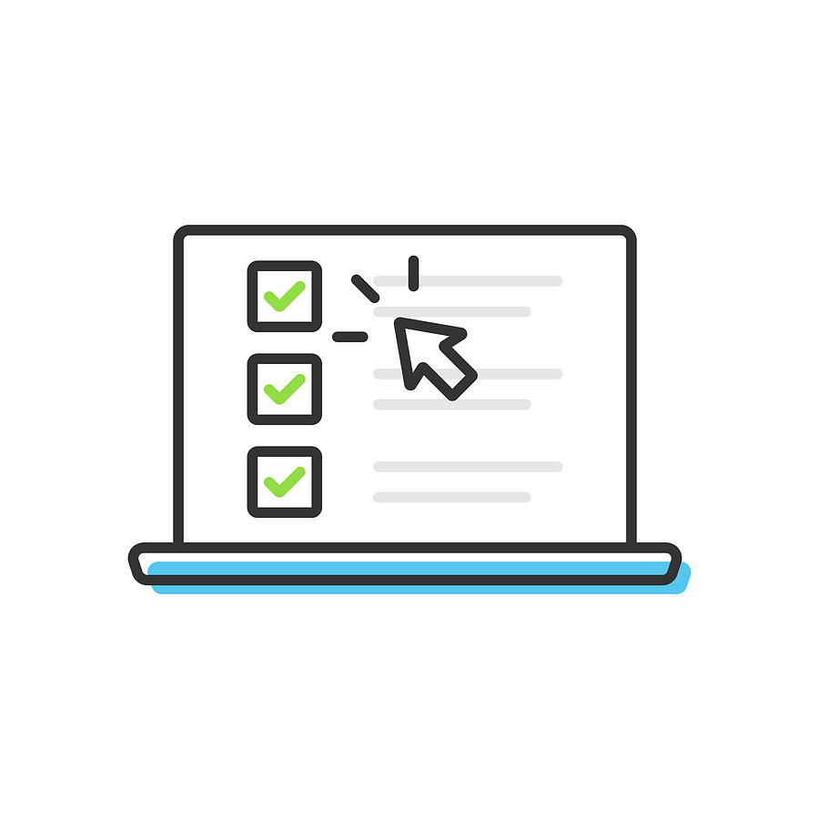 Checklist and Tick on Laptop Screen Icon. Check Mark Browser Window and Choice, Survey Concepts Vector Design on White Background. Drawing by Designer29