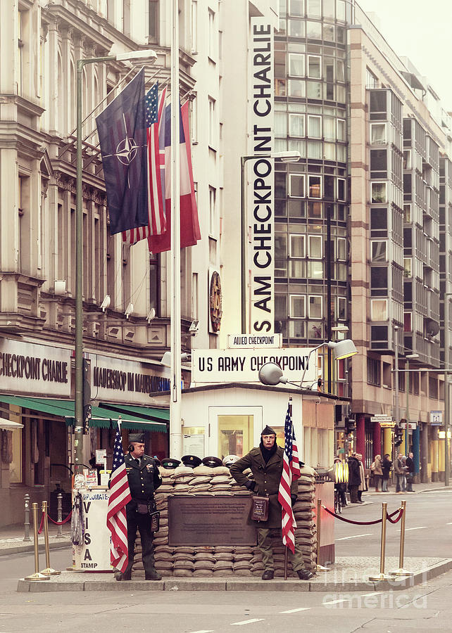 Checkpoint Charlie road block, Berlin. Retro style filter Photograph by Jane Rix