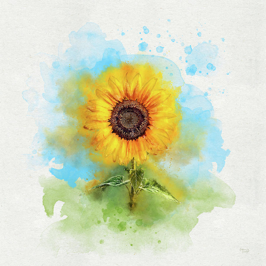 Cheerful and Peaceful Golden Sunflower in Watercolor Digital Art by Andreea Eva Herczegh