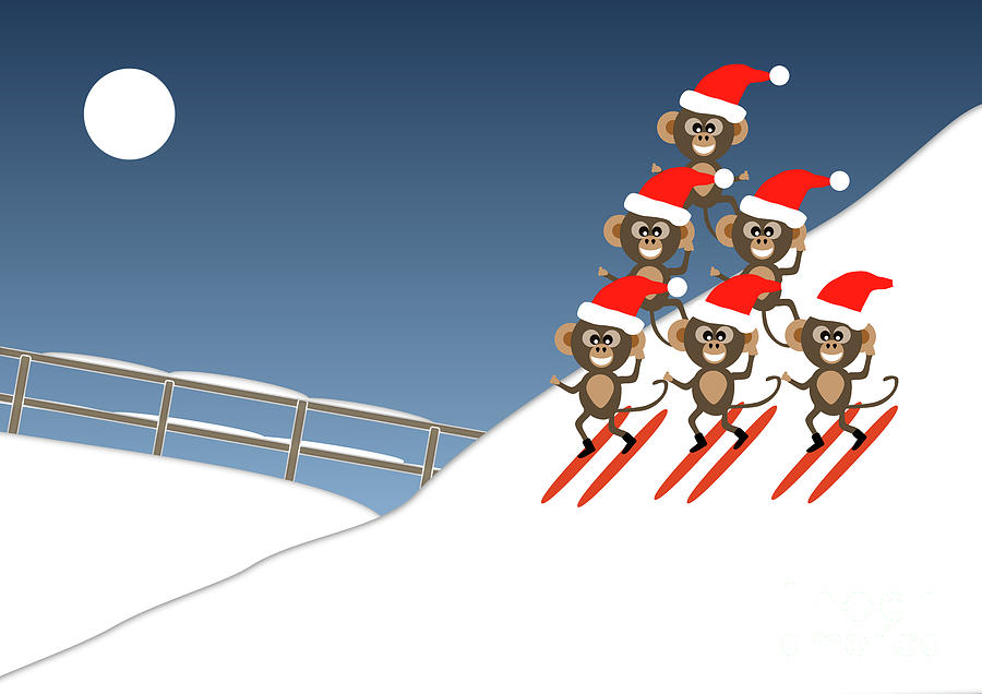 Cheerful Chimps in Santa Hats Xmas Ski Formation Team  Photograph by Barefoot Bodeez Art