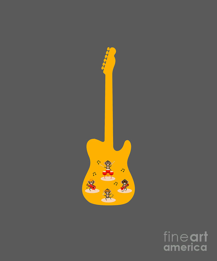 Cheerful Chimps Rock Band On Stage in a Yellow Guitar Digital Art by Barefoot Bodeez Art