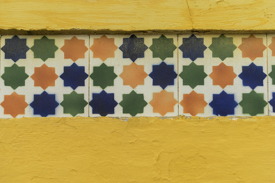Cheerful Eight Pointed Stars - Antique Portuguese Azulejo Tile Trim Photograph by Georgia Mizuleva
