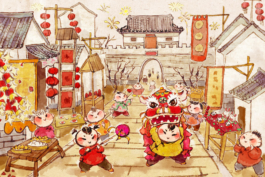 Cheerful people celebrating Chinese New Year in street Drawing by BJI / Blue Jean Images