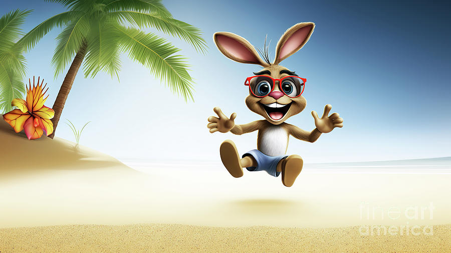 Cheerful rabbit with wide eyes jumping on the beach.  Digital Art by Odon Czintos