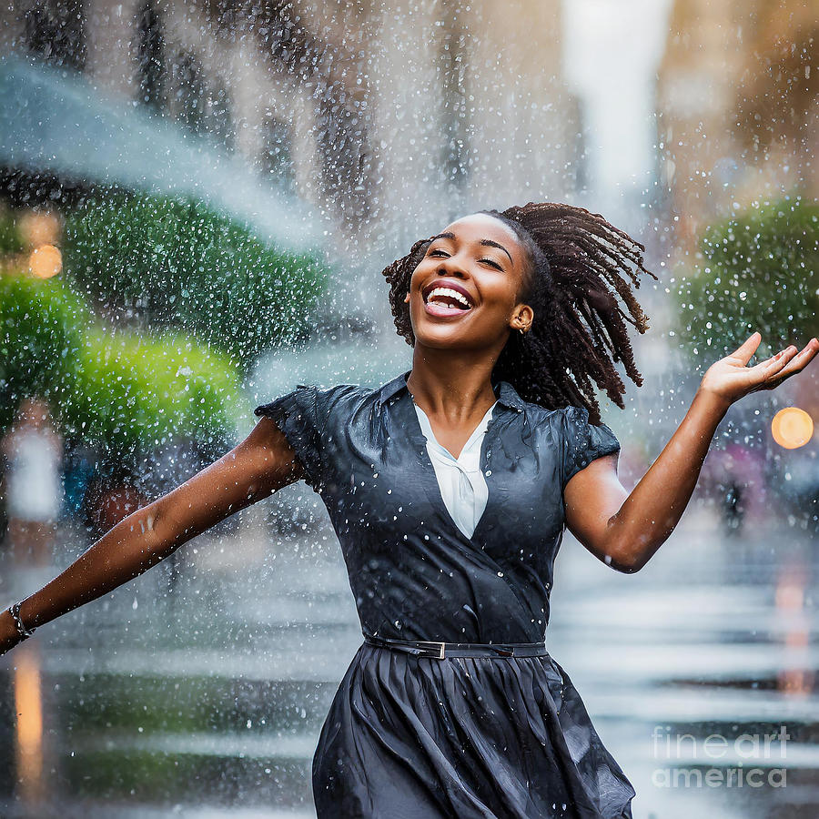 Cheerful Young Woman Dancing Merrily On The Street In The Rain Digital Art