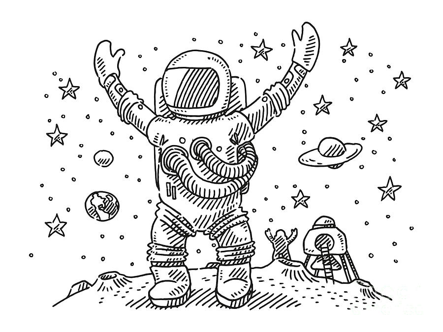 Cheering Astronauts Landing On The Moon Drawing Drawing by Frank