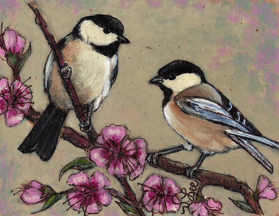 Cheery Chickadees Painting by VLee Watson