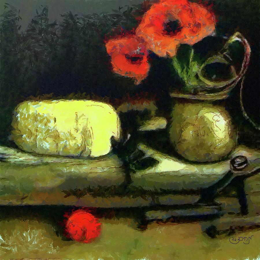 Cheese Poppies Flowers in a metallic vase with instruments and scrolls painting Painting by MendyZ