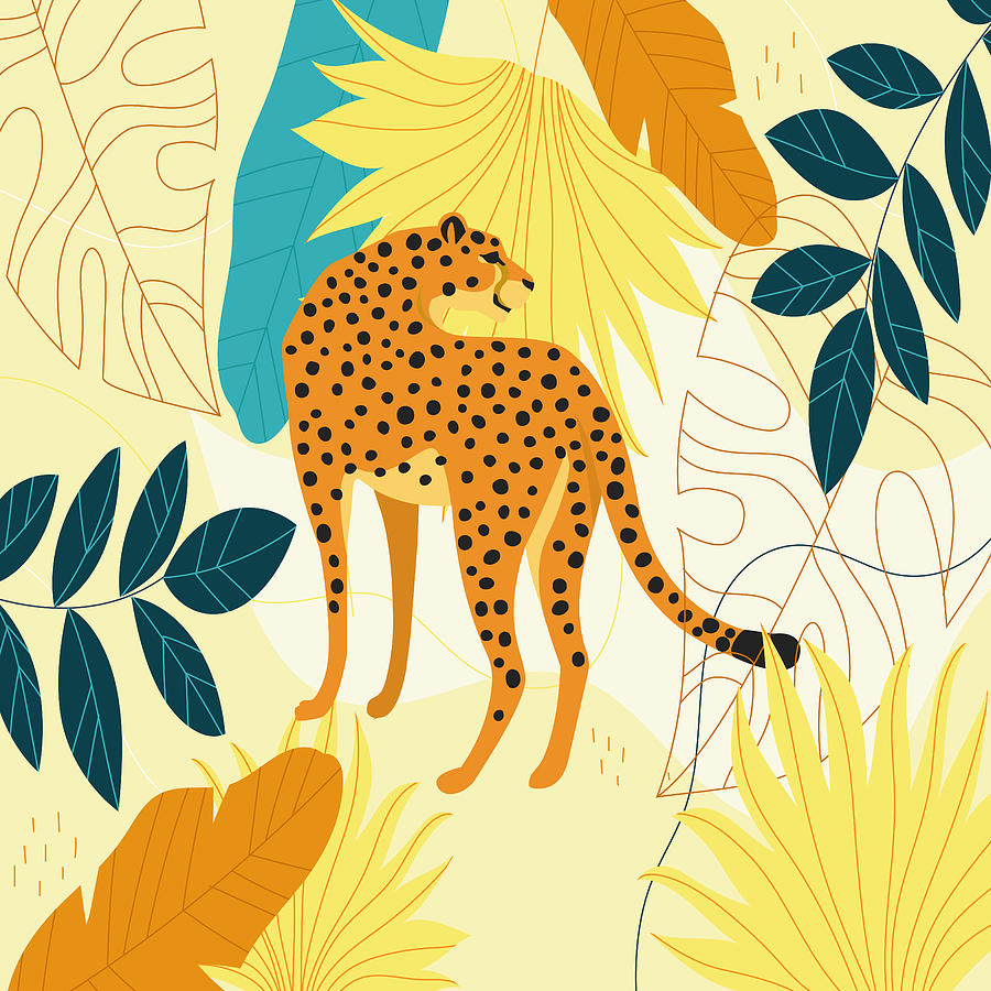 Cheetah colourful tropical leaves wallpaper, wildlife camouflage leopard  print, trendy illustration Drawing by Mounir Khalfouf - Pixels
