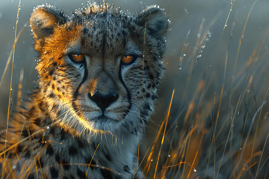 Wildlife Photograph - Cheetah in golden light, with dew on fur, amidst tall grass. by David Mohn