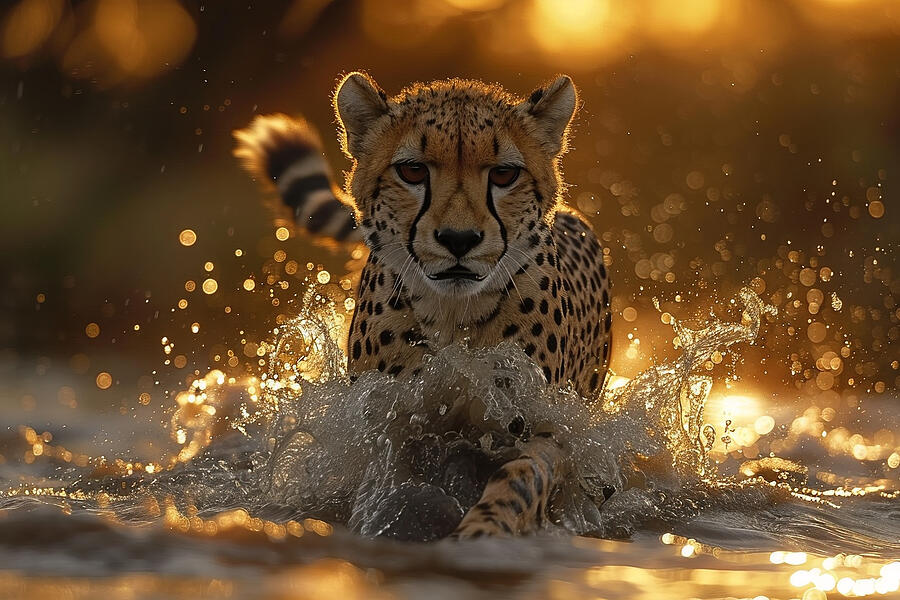 Wildlife Photograph - Cheetah sprinting through water with splashes, backlit by golden sunset light. by David Mohn