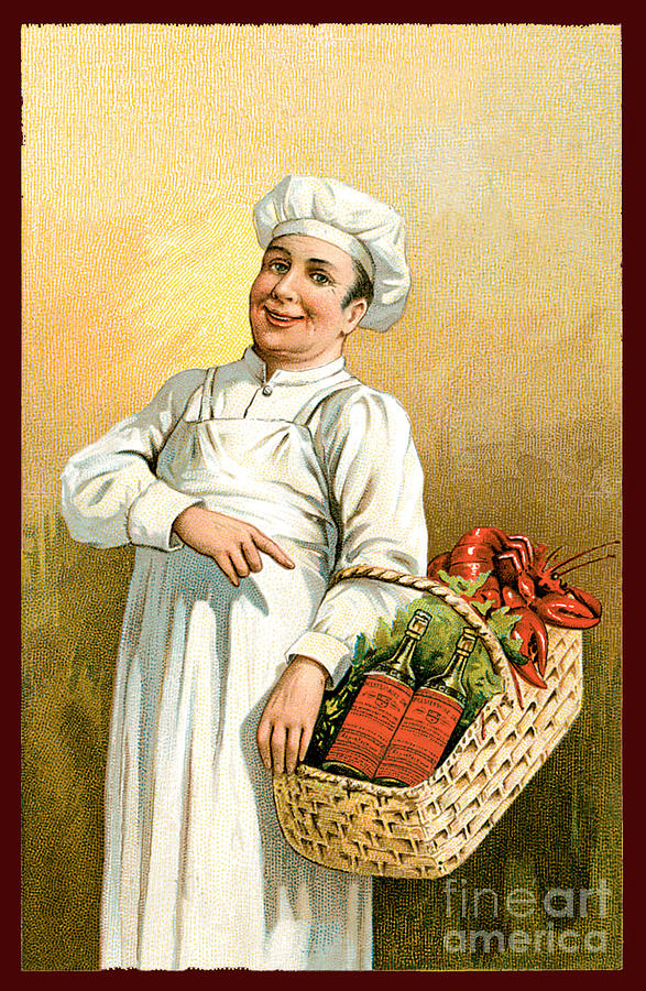 Chef With Basket Of Wine And Lobster Illustration Painting