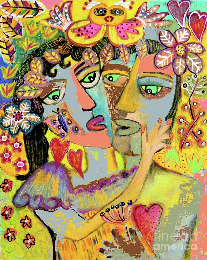 Entwined Hearts Under The Lovebird Tree Painting by Sandra Silberzweig