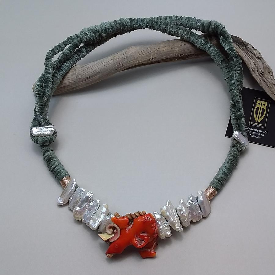 Chenille Wrapped Treasure, Coral Branch and Pearls Necklace Jewelry by Brenda Berdnik