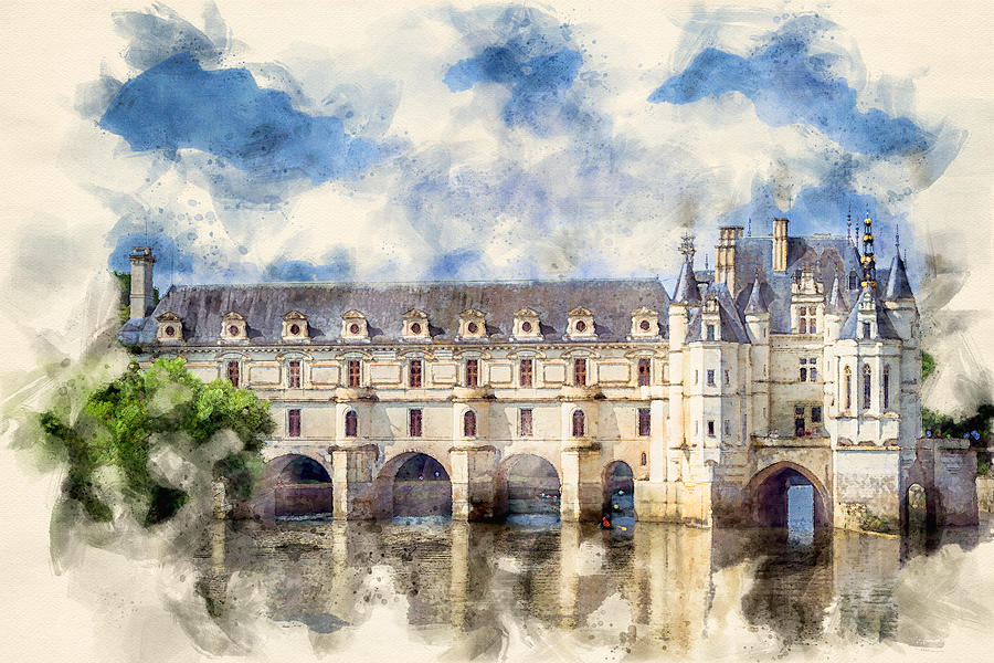 Chenonceau Castle Watercolor by Luis G Amor - Lugamor
