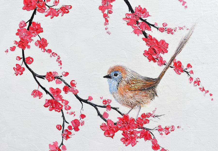 Cherry blossom and Emu Wren, bird painting Painting by Jan Matson