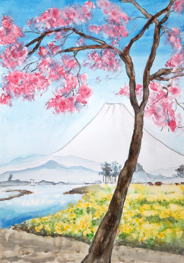 cherry blossom and Mount Fuji Japanese woodblock arts Painting by Color Color