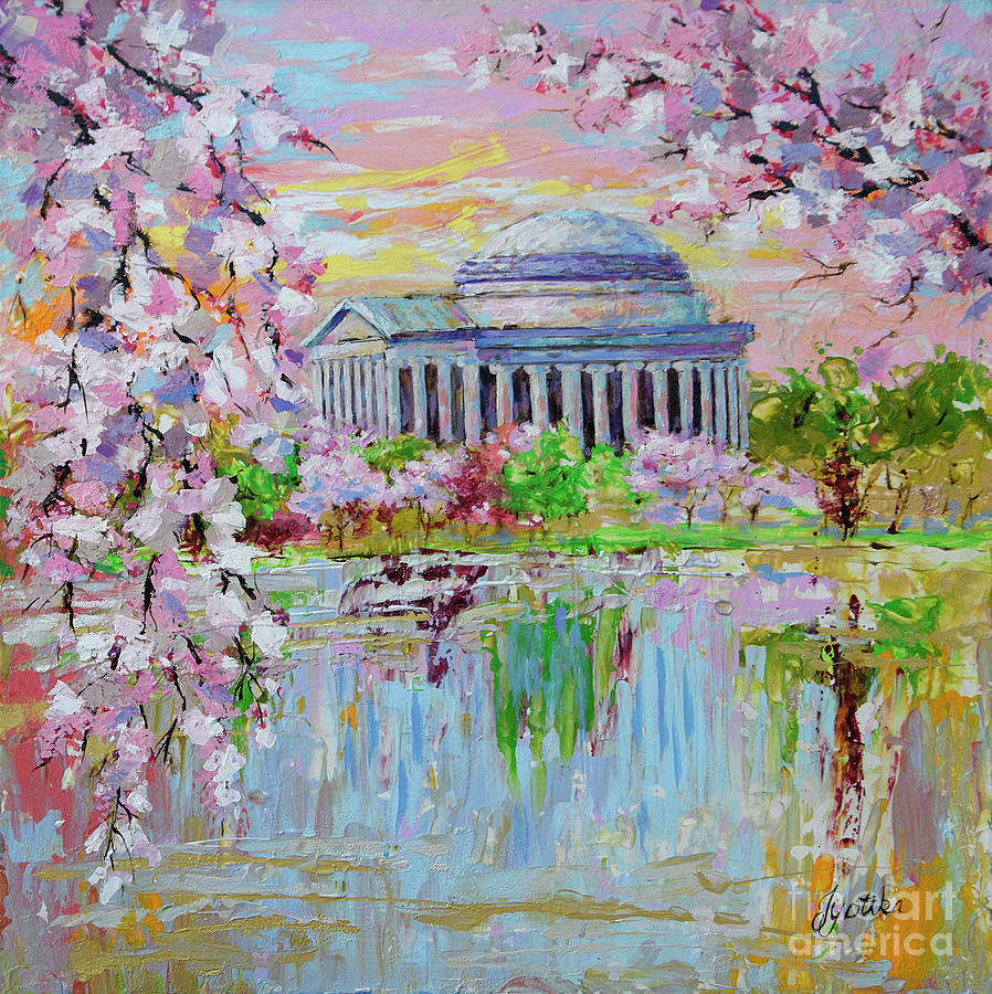 Cherry Blossom at Jefferson Memorial  Painting by Jyotika Shroff