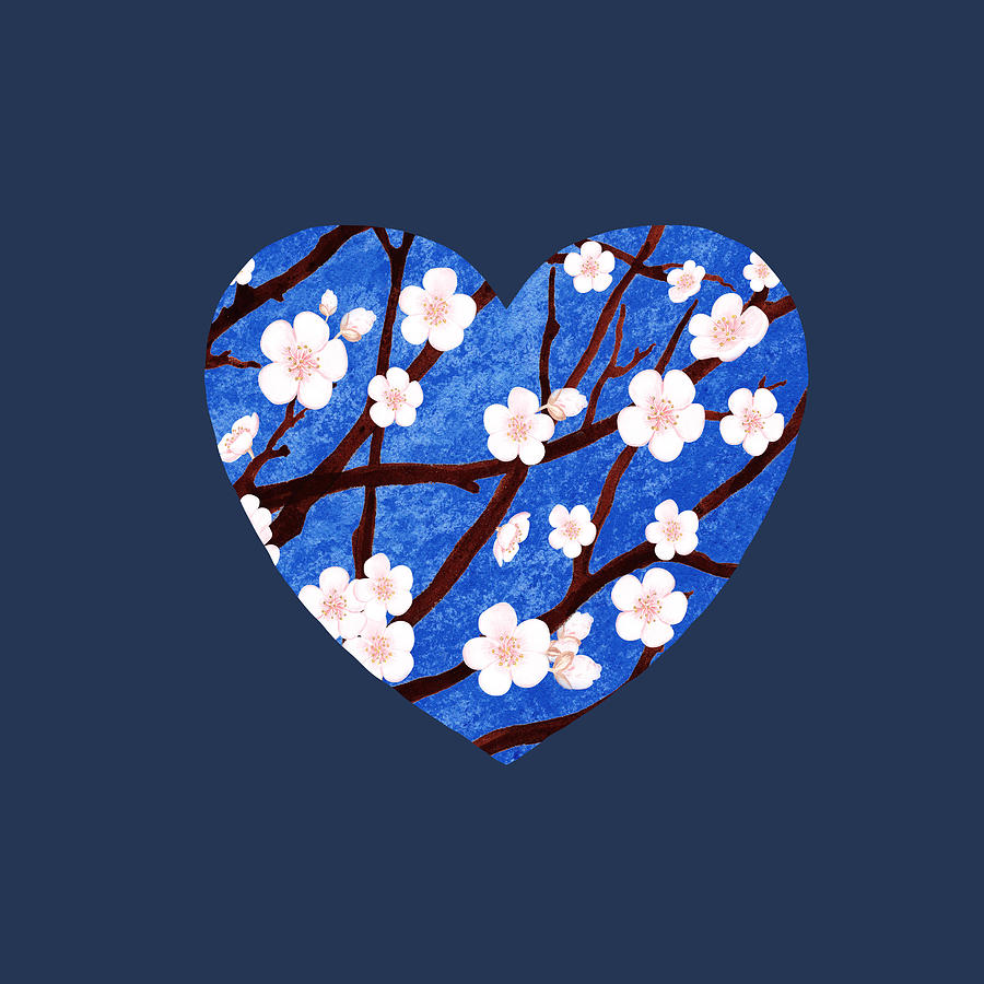 Cherry Blossom Blue Flower Heart Watercolor Art Painting