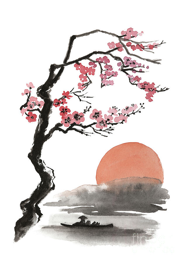 Cherry Blossom Painting, Cherry Blossom Chinese Art, Sakura Wall Decor, Sunrise Poster, Zen Poster Painting by Mariusz Szmerdt