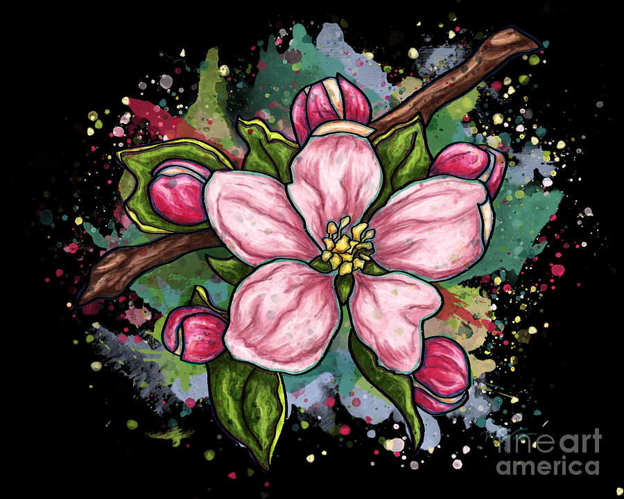 Cherry blossom painting on black background, pink flower art Painting by Nadia CHEVREL