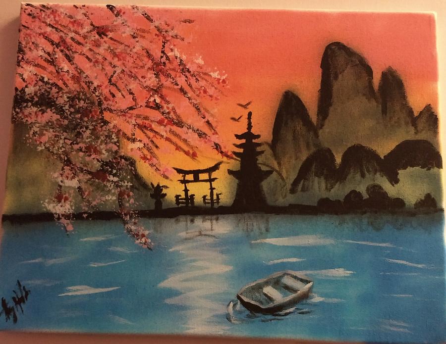 cherry blossom sunset painting