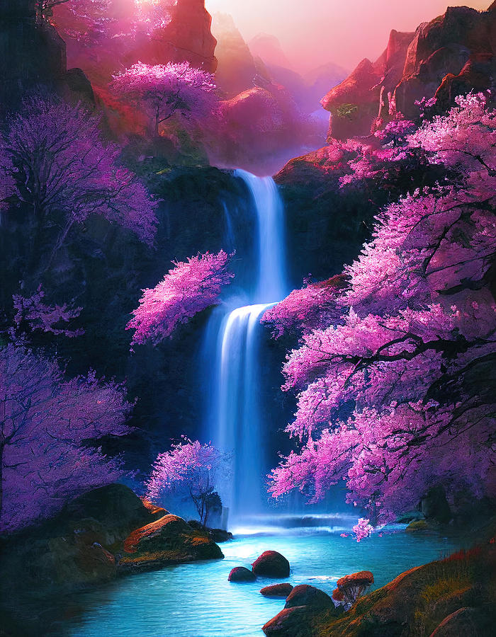 Fantasy Digital Art - Cherry Blossom Waterfall by Cameron Gray