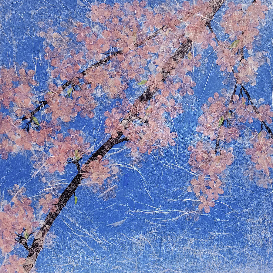 CHERRY BLOSSOMS Abstract painting Pink and Blue  Mixed Media by Lynnie Lang
