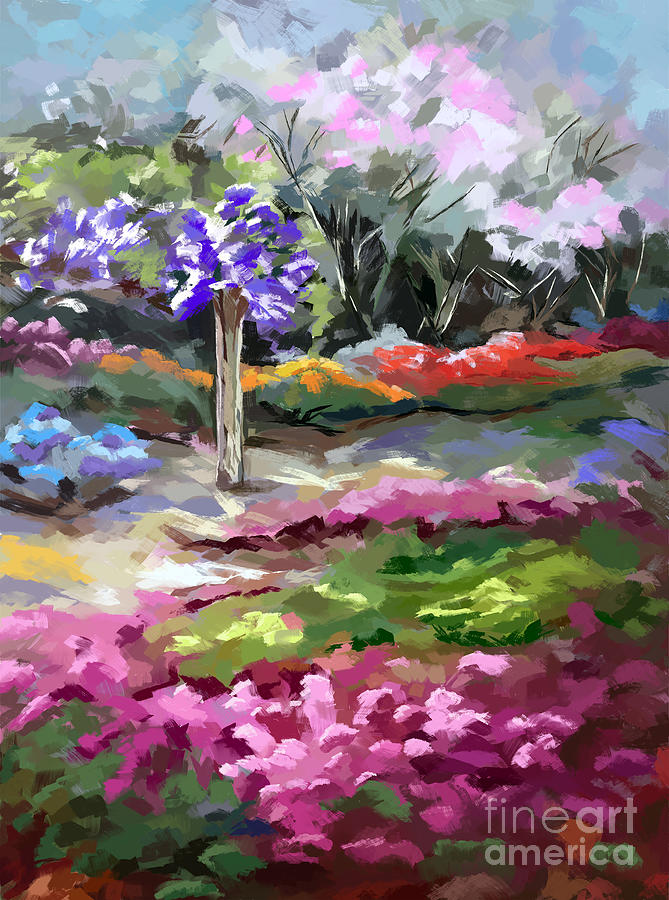 Landscape Painting - Cherry Blossoms And Garden by Tim Gilliland