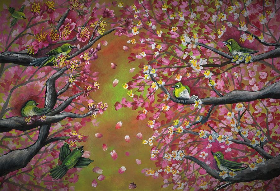 Song birds and cherry blossom Painting by Tara Krishna