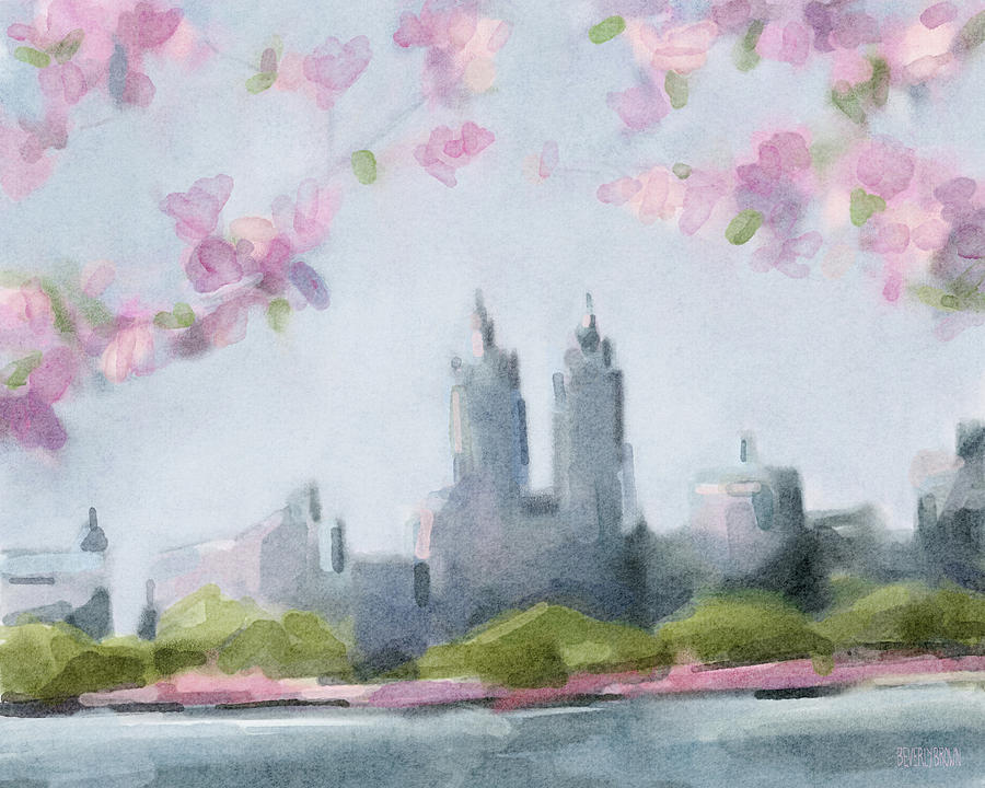 Cherry Blossoms Central Park Reservoir NYC Painting by Beverly Brown