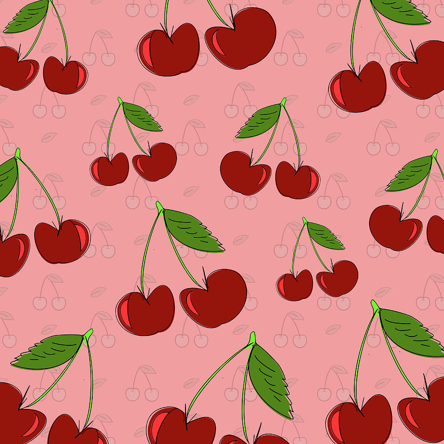 Cherry Blossoms Fruit Cute Pink Red Pattern Digital Art by Aaron Geraud