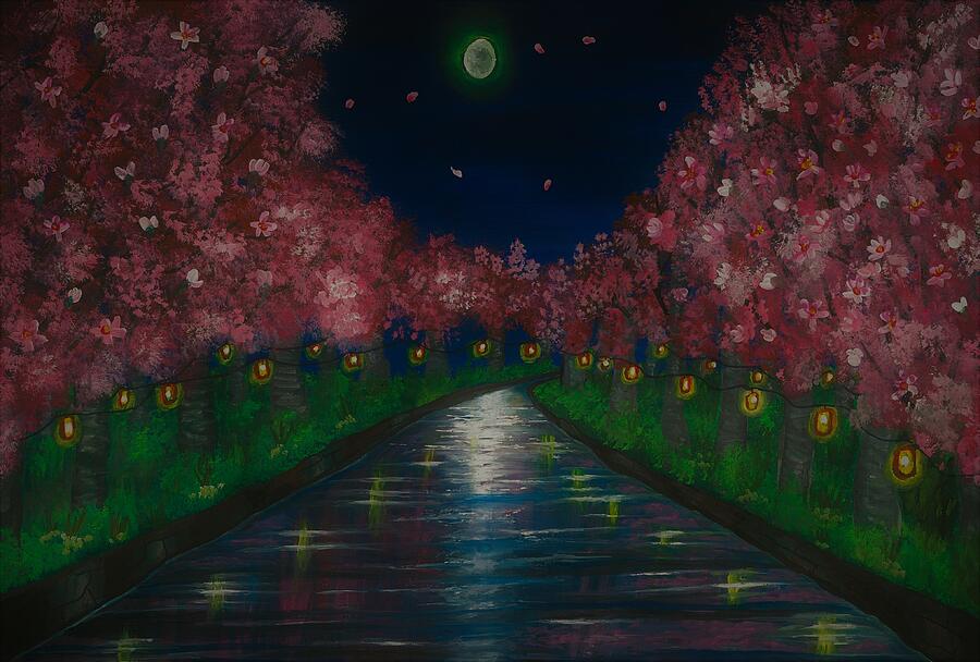 Cherry blossoms-night scene Painting by Tara Krishna