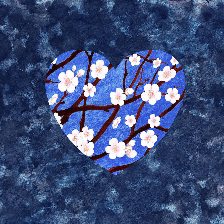 Cherry Blossoms Watercolor Heart On Blue  Painting by Irina Sztukowski