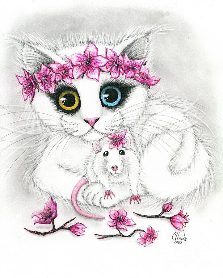 Cherry Blossoms - White Cat and Rat Chinese New Year Drawing by Carrie Hawks