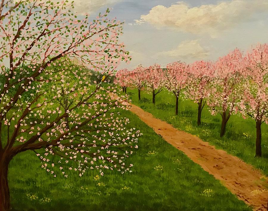 Cherry Orchard in Springtime Painting by Denise Van Deroef