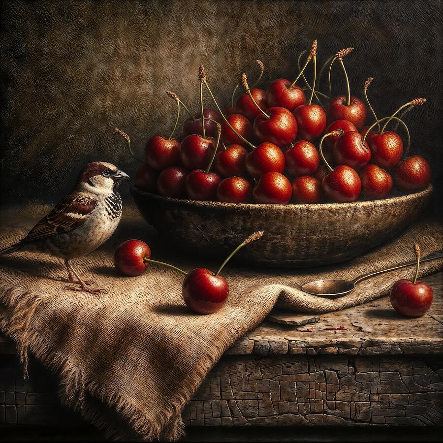 Sparrow Digital Art - Cherry - still life by Black Papaver