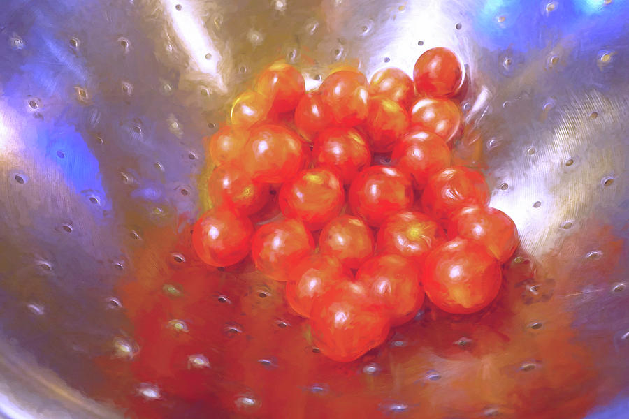 Cherry Tomatoes and Colander Mixed Media by Lynda Lehmann