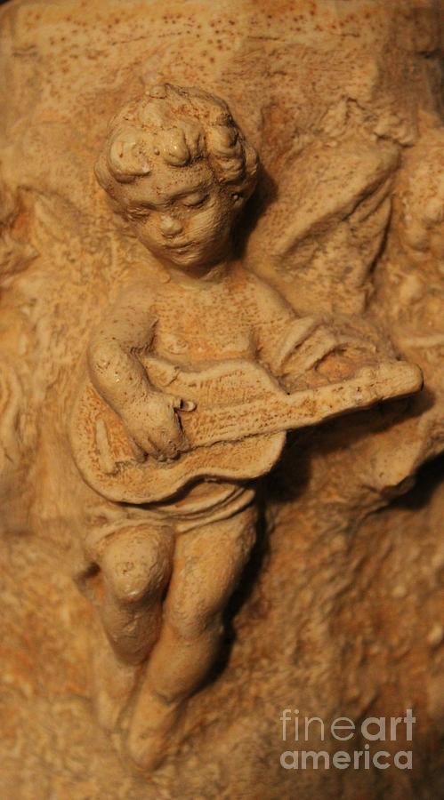Sandstone Cherub With Guitar Sculpture