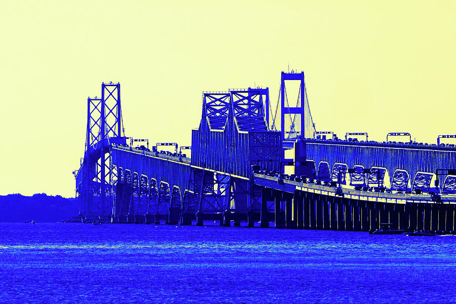 Chesapeake Bay Bridge in Blue and Yellow Photograph by Bill Swartwout