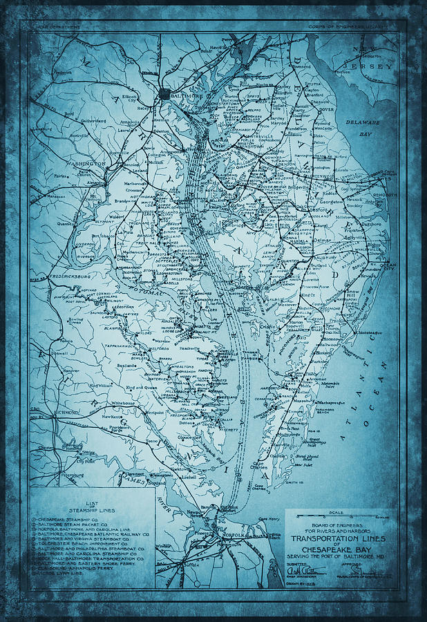 Virginia Map Photograph - Chesapeake Bay Transportation Lines Vintage Historical Map 1926 Blue by Carol Japp