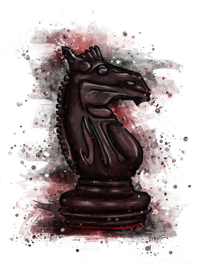 Chess piece splatter art, black chess knight Painting by Nadia CHEVREL