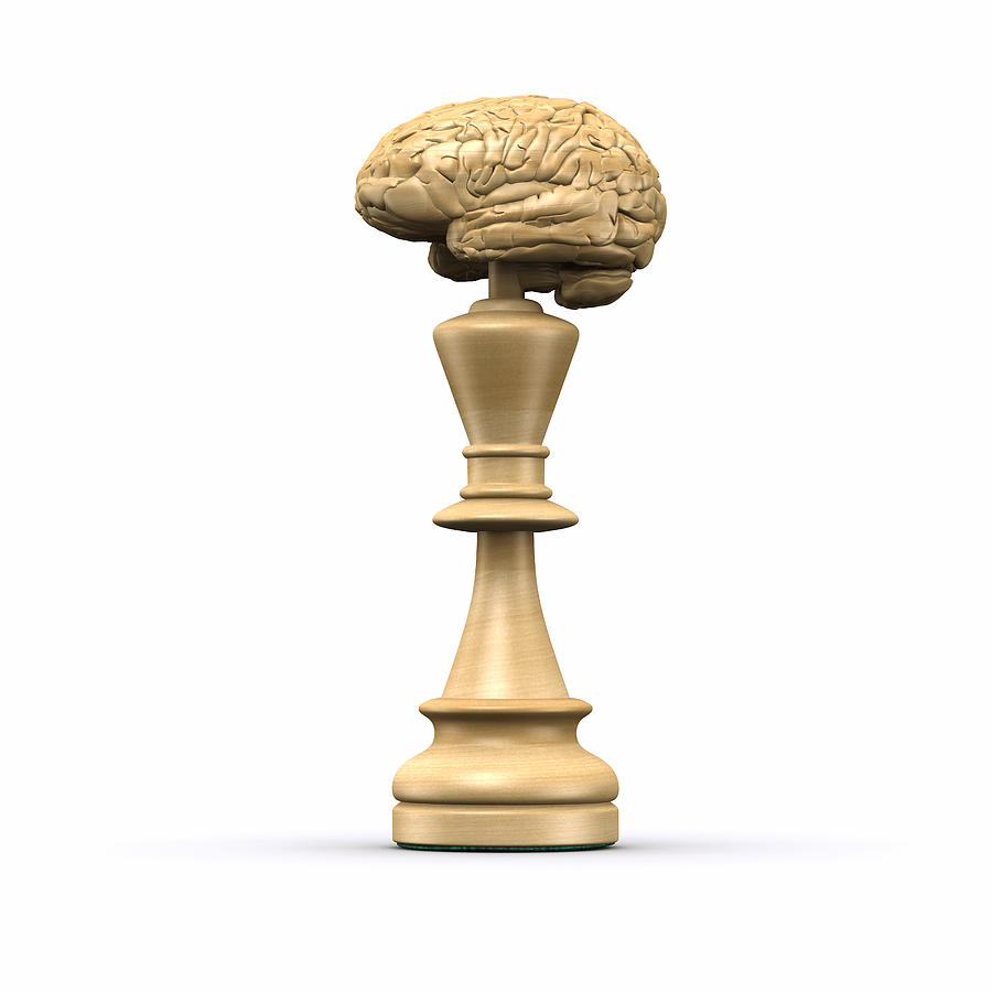 Chess piece with a brain on top on white Photograph by Artpartner-images
