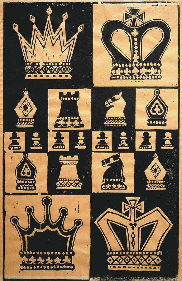 Chess Woodcut Painting by Mary Helmreich