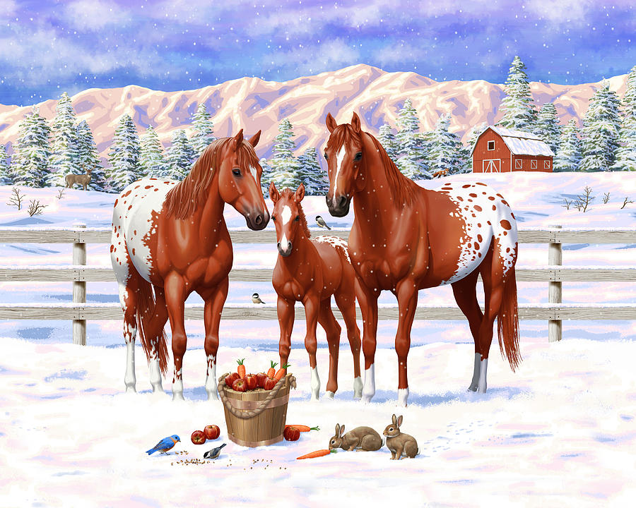 Chestnut Appaloosa Horses In Snow Painting by Crista Forest