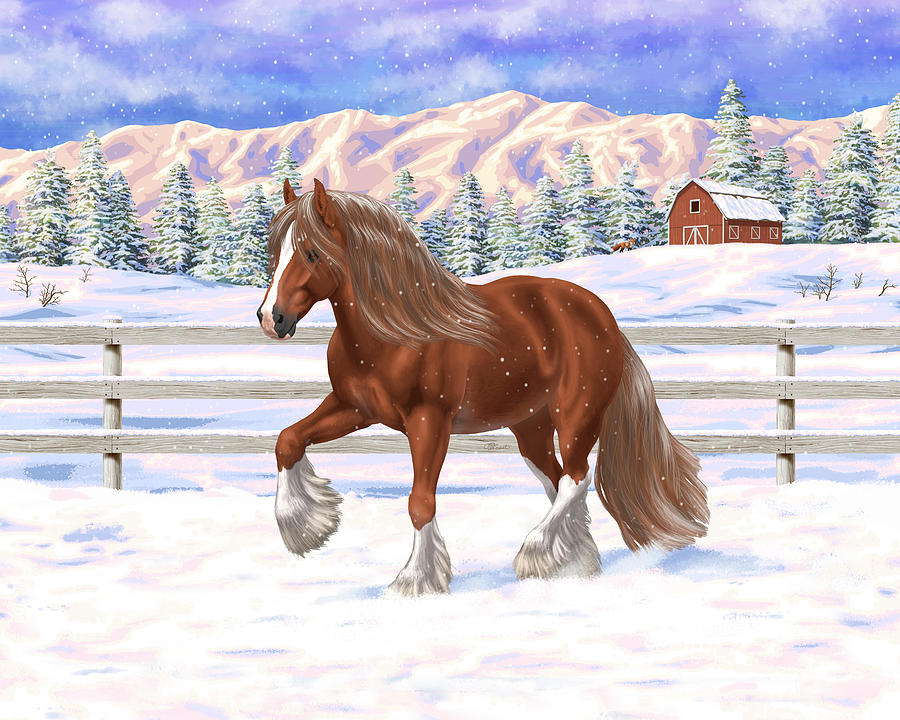 Chestnut Gypsy Vanner Draft Horse In Snow Painting by Crista Forest
