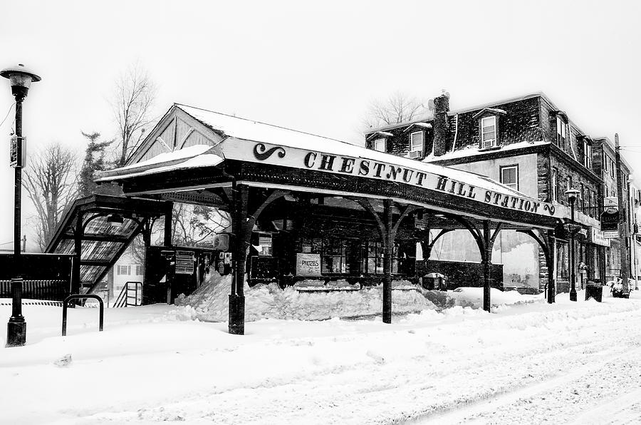 Chestnut Hill Station in Winter in Black and White Photograph by Bill Cannon
