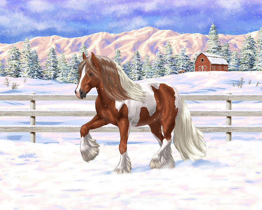 Chestnut Pinto Skewbald Gypsy Vanner Draft Horse In Snow Painting by Crista Forest