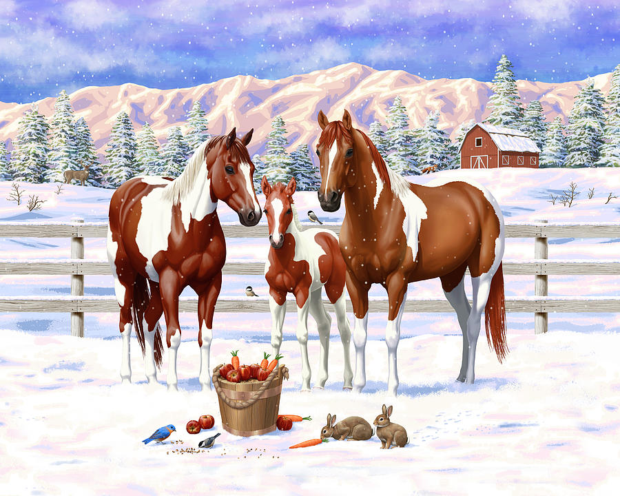 Chestnut Pinto Sorrel Paint Horses In Snow Painting by Crista Forest