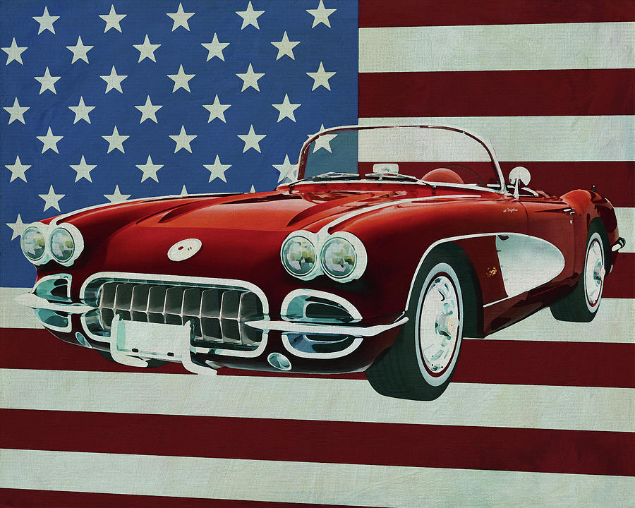 Chevrolet Corvette C1 from 1960 in front of the American flag Painting by Jan Keteleer